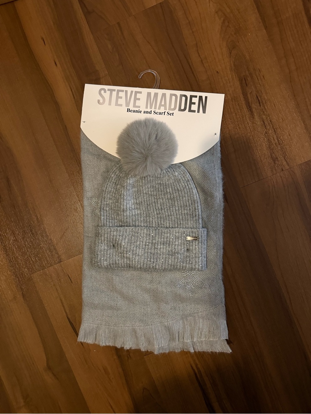 Steve Madden Kids Light Gray Faux-Fur Pom Beanie & Scarf Set